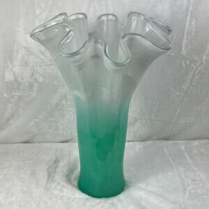 Murano Art Glass Vase Encased Green White Swirl Ruffled Rim 16" Italian Blown